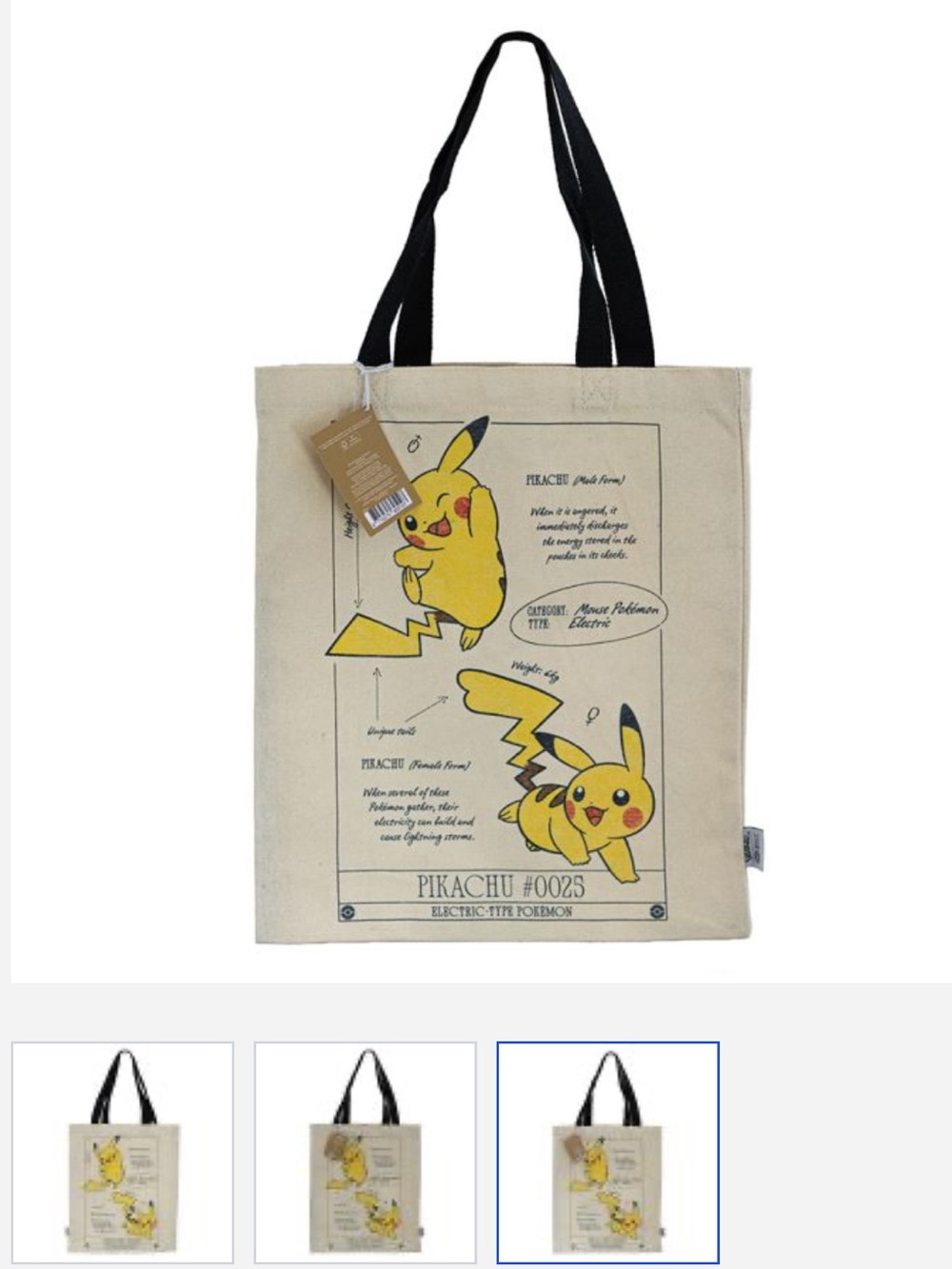 Pokemon Beige Canvas Pikachu Graphic Tote with Black Straps - Picture 2 of 10
